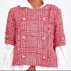 ZARA Red Tweed Fringed Gold Button Top